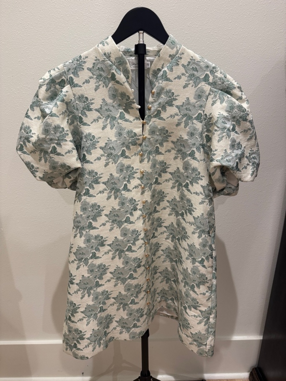 Shop The Mint Ivory Floral Puff-Sleeve Button Front Dress